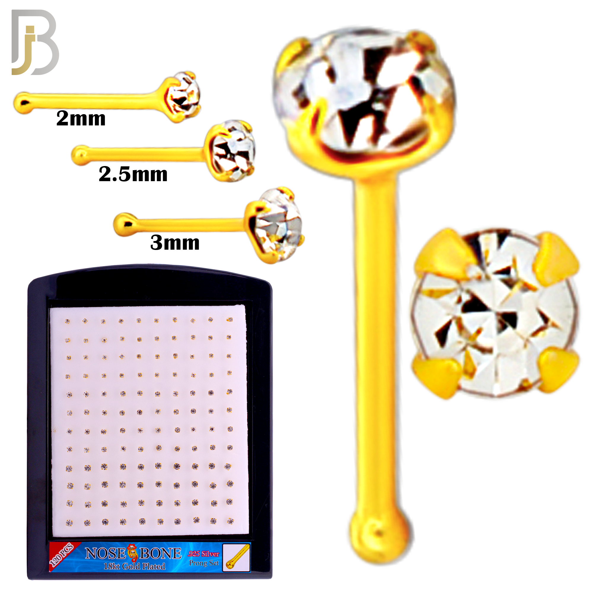 925-PK-NR01Y-3C2 - Mixed of 2mm, 2.5mm, 3mm 22g Thickness 18KT Gold Plated  925 Sterling Silver Nose Bones, Prong Set Packages Pack of 120 image 1