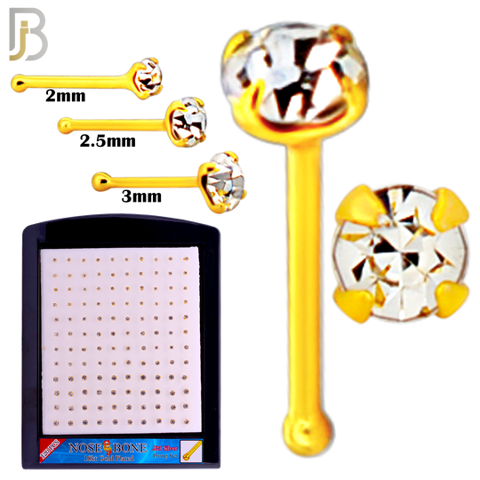 925-PK-NR01Y-3C2 - Mixed of 2mm, 2.5mm, 3mm 22g Thickness 18KT Gold Plated  925 Sterling Silver Nose Bones, Prong Set Packages Pack of 120 image 1