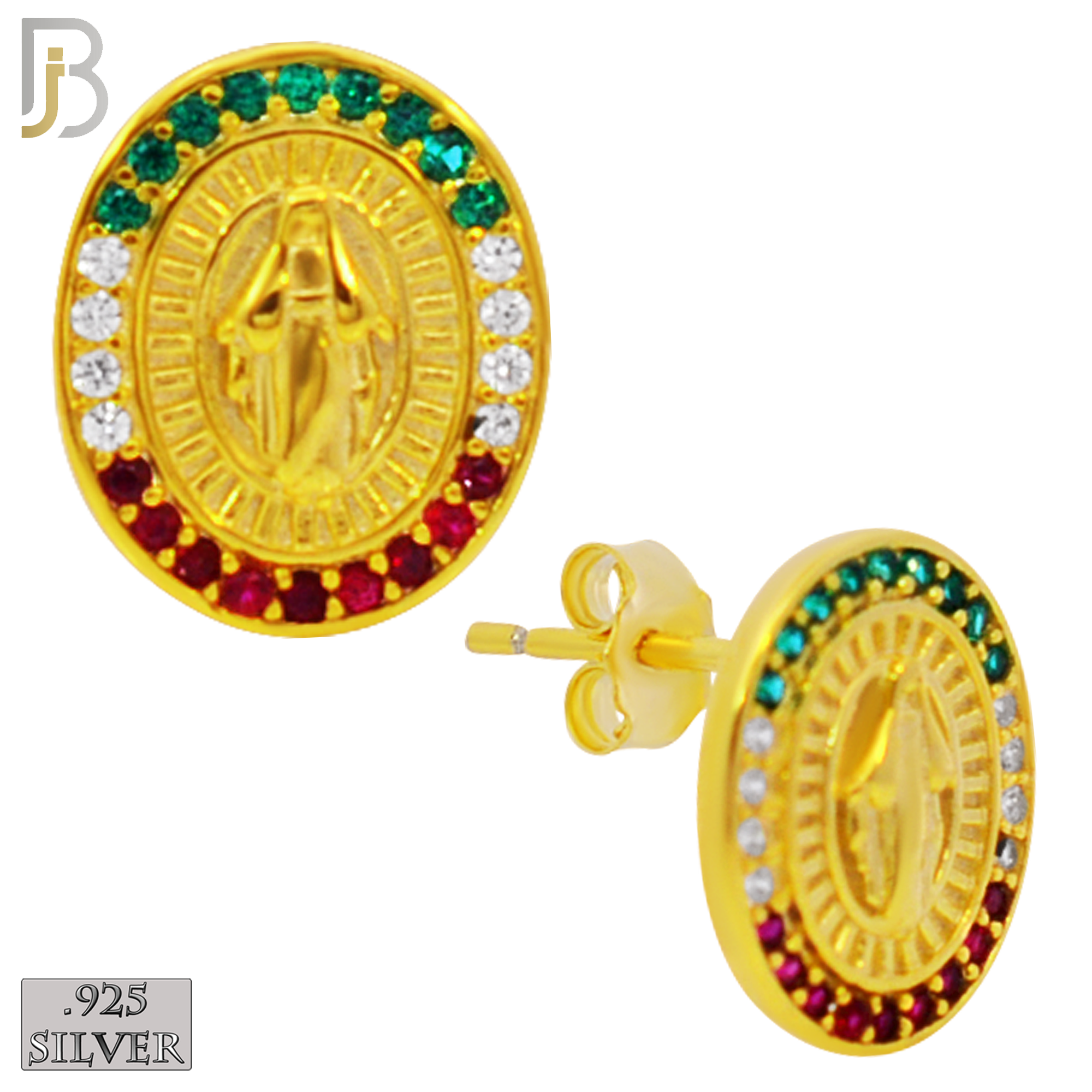 925-ES268 - .925 Sterling Silver Oval Shape Virgin Mary with Mexican Color Flag Zircon Design Earrings Stud image 4