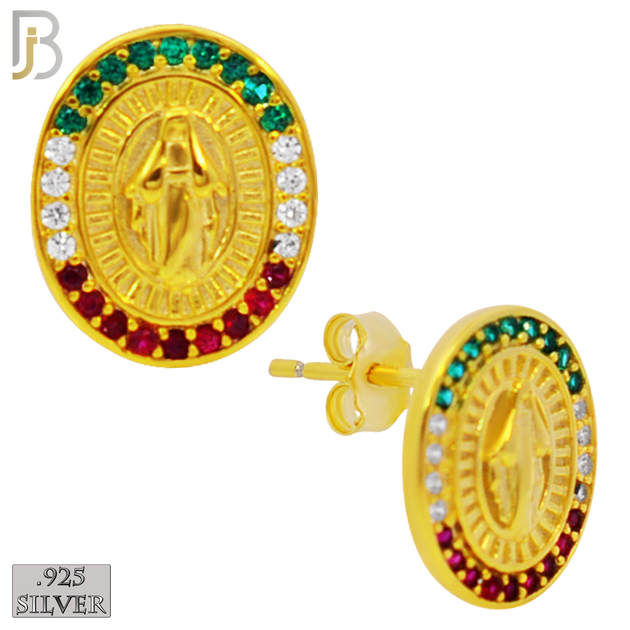 925-ES268 - .925 Sterling Silver Oval Shape Virgin Mary with Mexican Color Flag Zircon Design Earrings Stud image 4