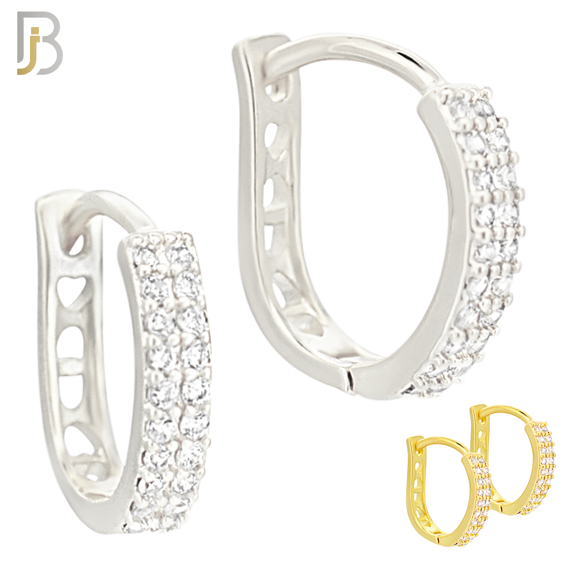 ES189 - 316L Surgical Steel Curved Hoop Earring with  Two Rows of Zircon CZ on One Side and Hollow Heart Design on Back Side image 0