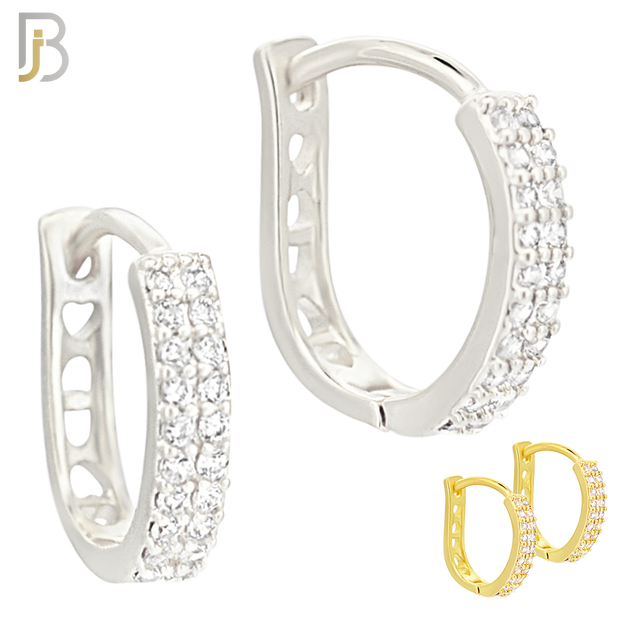 ES189 - 316L Surgical Steel Curved Hoop Earring with  Two Rows of Zircon CZ on One Side and Hollow Heart Design on Back Side image 0