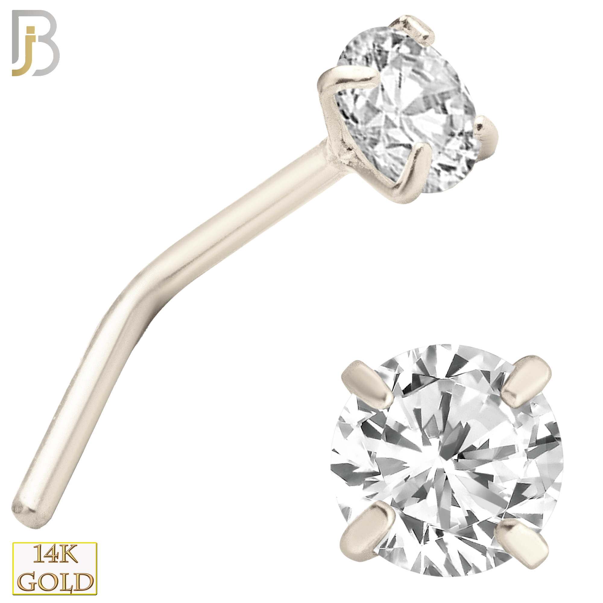 14-NR10CW-22 14k Solid White Gold 22g Prong Setting  Round Cubic Zircona L-Shape image 5