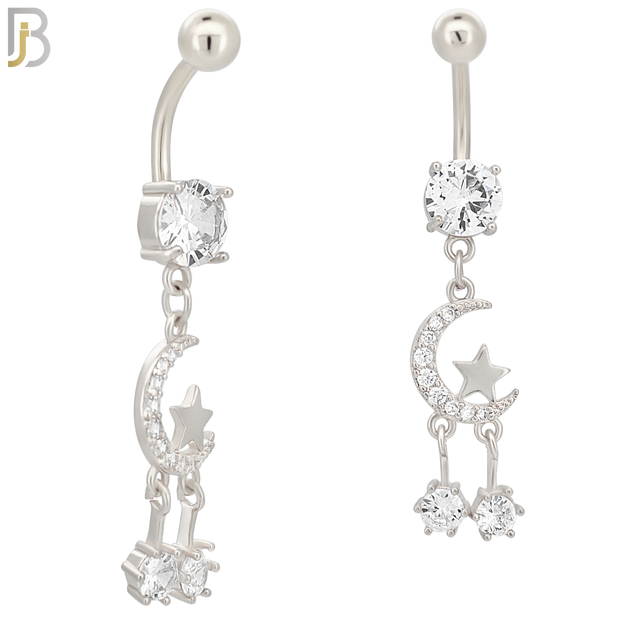 N071 - 316L Stainless Steel Dangling Crescent Moon and Star Design Belly Ring with 5mm Screw Ball image 1