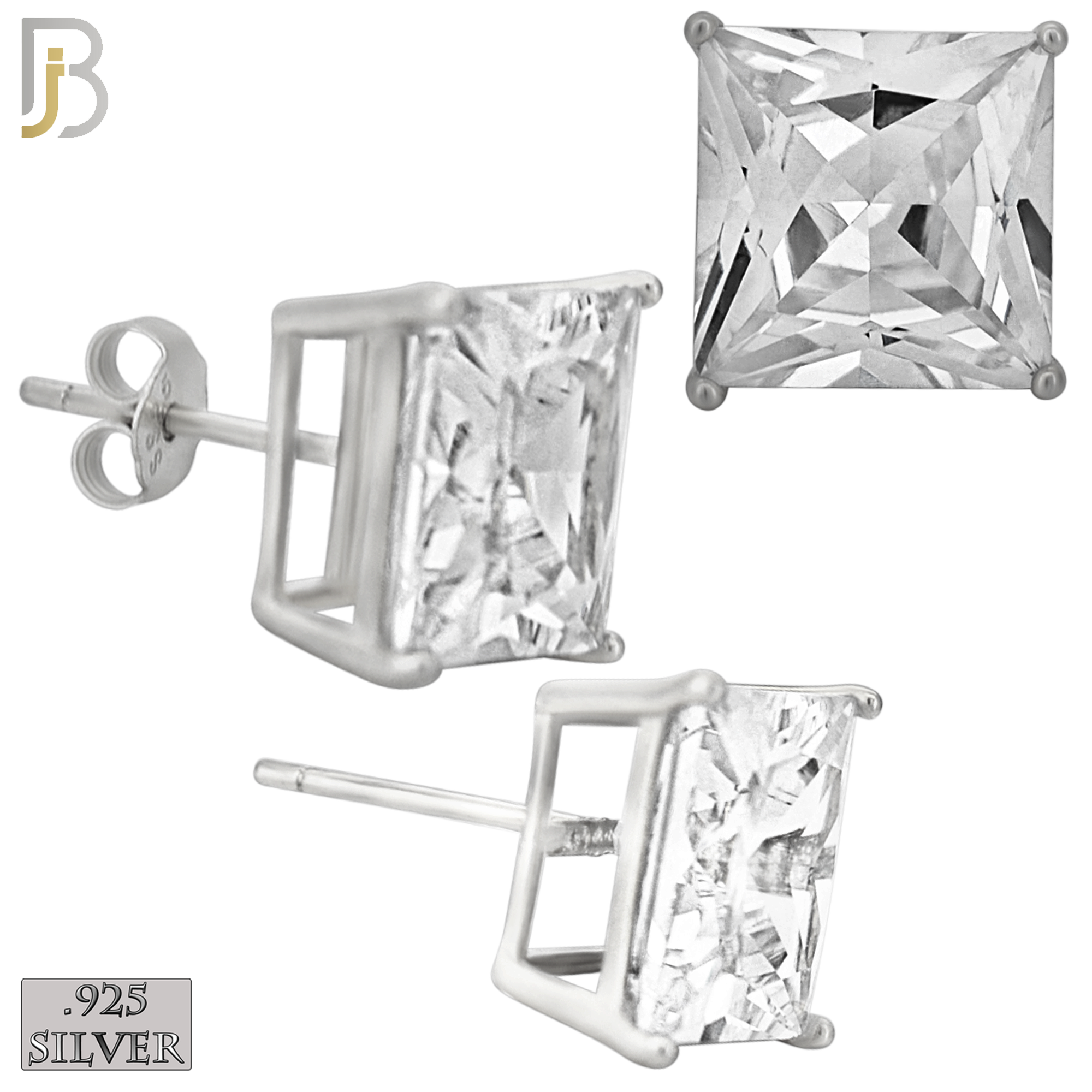 925-ES72-SC - .925 Sterling Silver Rhodium Plated Earring Stud Casting Square Princess Cut Prong Setting Clear Zircon image 9