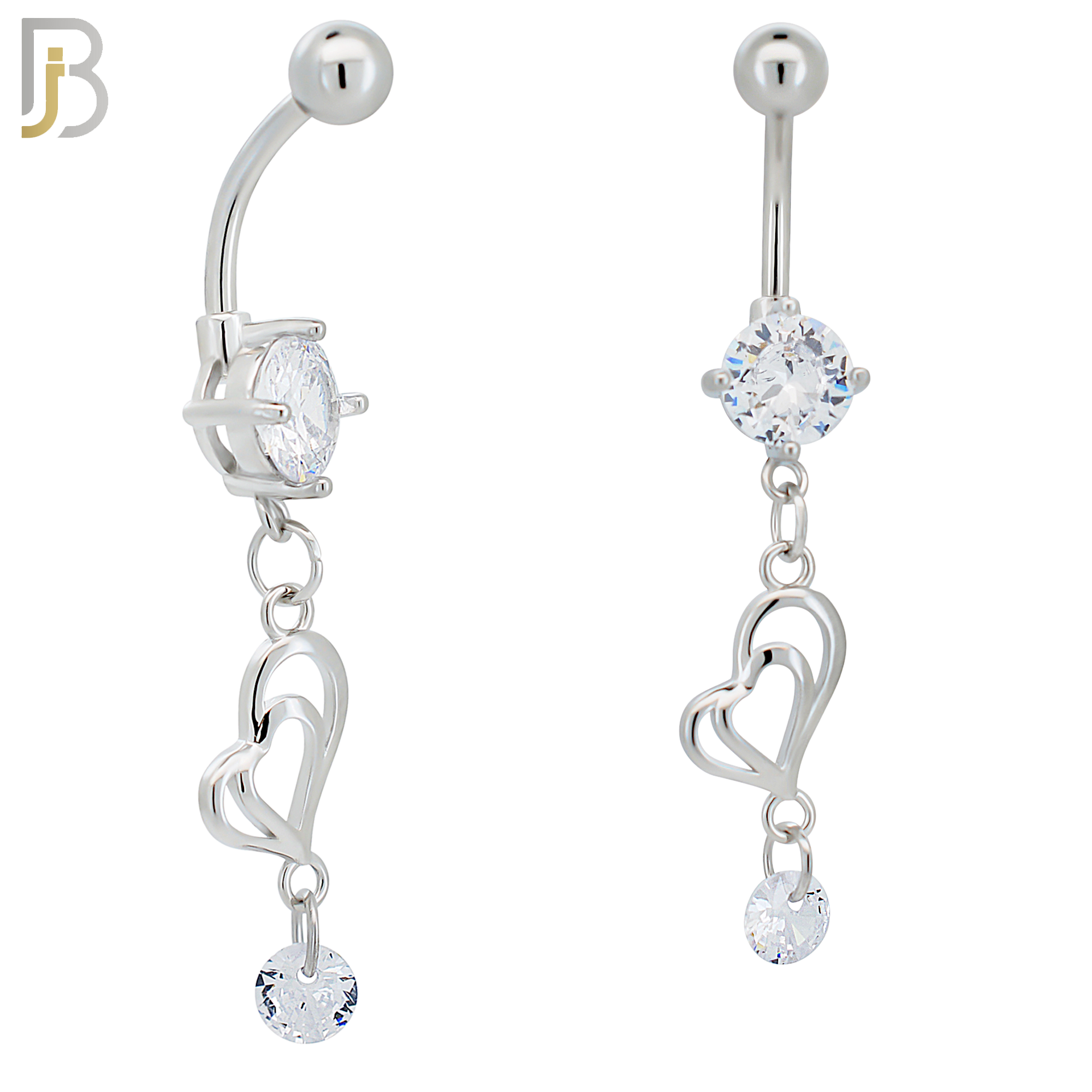 N0136 - 316L Surgical Steel Dangling Double Heart and CZ Belly Ring image 0