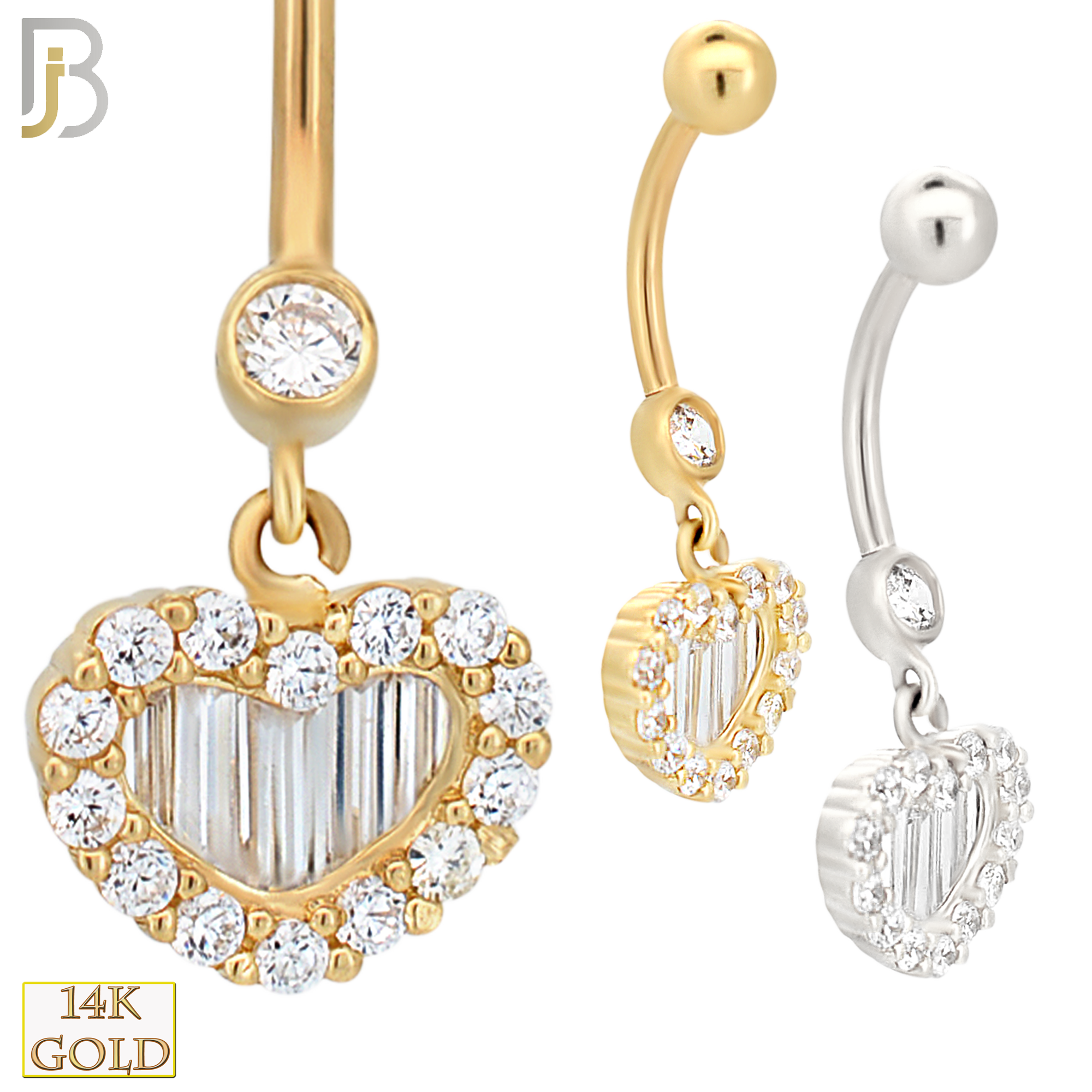 14-N003 - 14k Solid Gold Heart with Zircon and Baguette Zircon Design Banana Belly Ring image 0