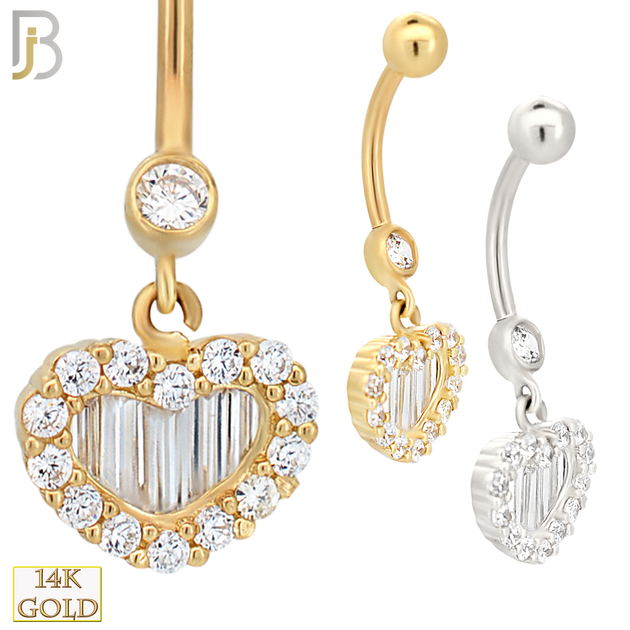 14-N003 - 14k Solid Gold Heart with Zircon and Baguette Zircon Design Banana Belly Ring image 0