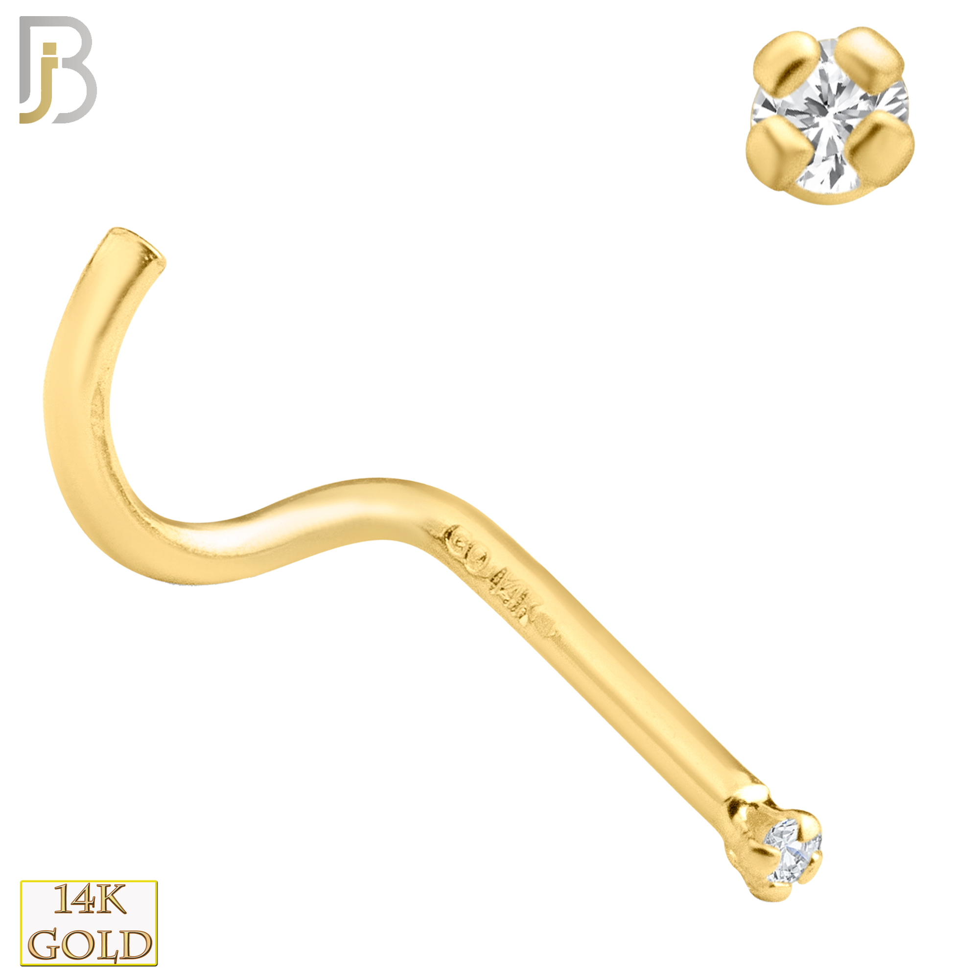 14-NR03CY-22 - 14k Solid Yellow Gold 22g Prong Setting  Round Cubic Zircona Nose Screw, Cork Screw image 1