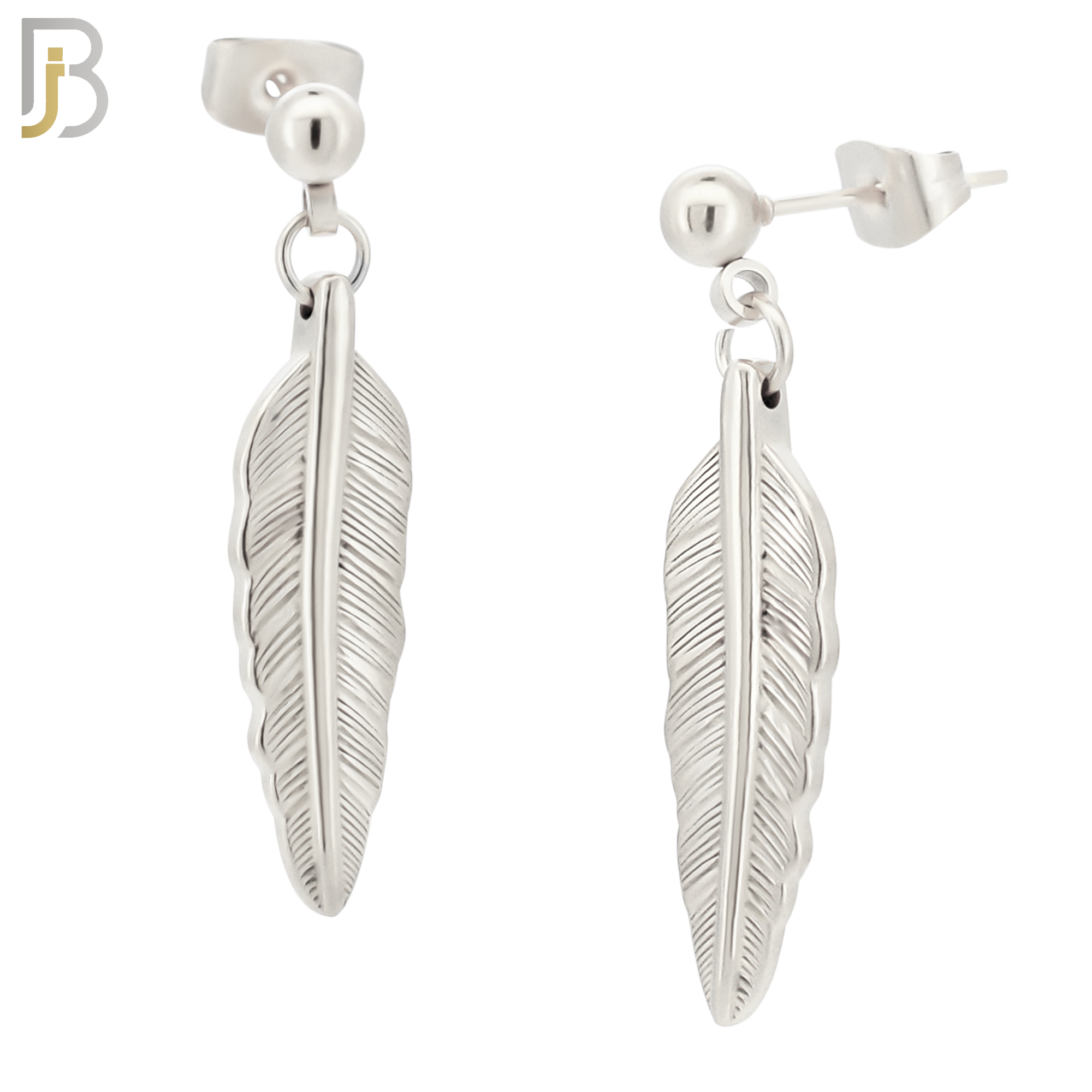 ES94 - 316L Stainless Steel Dangling 25mm Feather Design Earrings Stud 4mm Ball  image 1