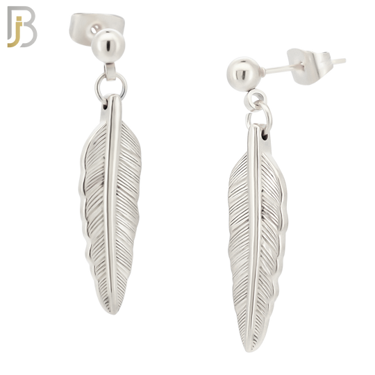 ES94 - 316L Stainless Steel Dangling 25mm Feather Design Earrings Stud 4mm Ball  image 1