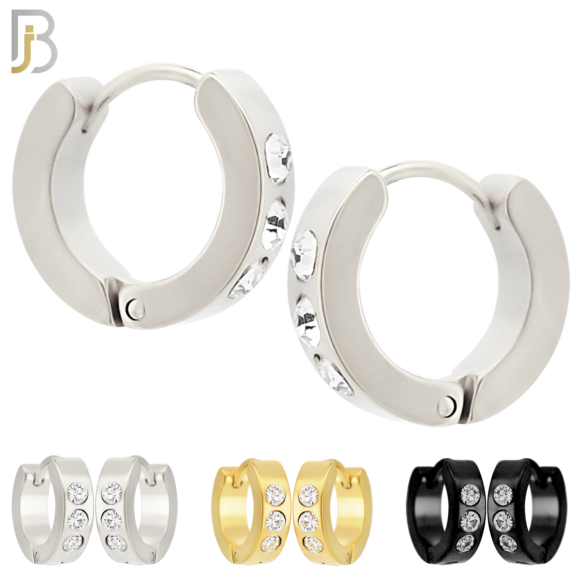 ES117 - 316L Stainless Steel Plain Huggies with Three Zircon Clip On image 0