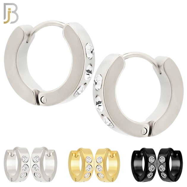 ES117 - 316L Stainless Steel Plain Huggies with Three Zircon Clip On image 0