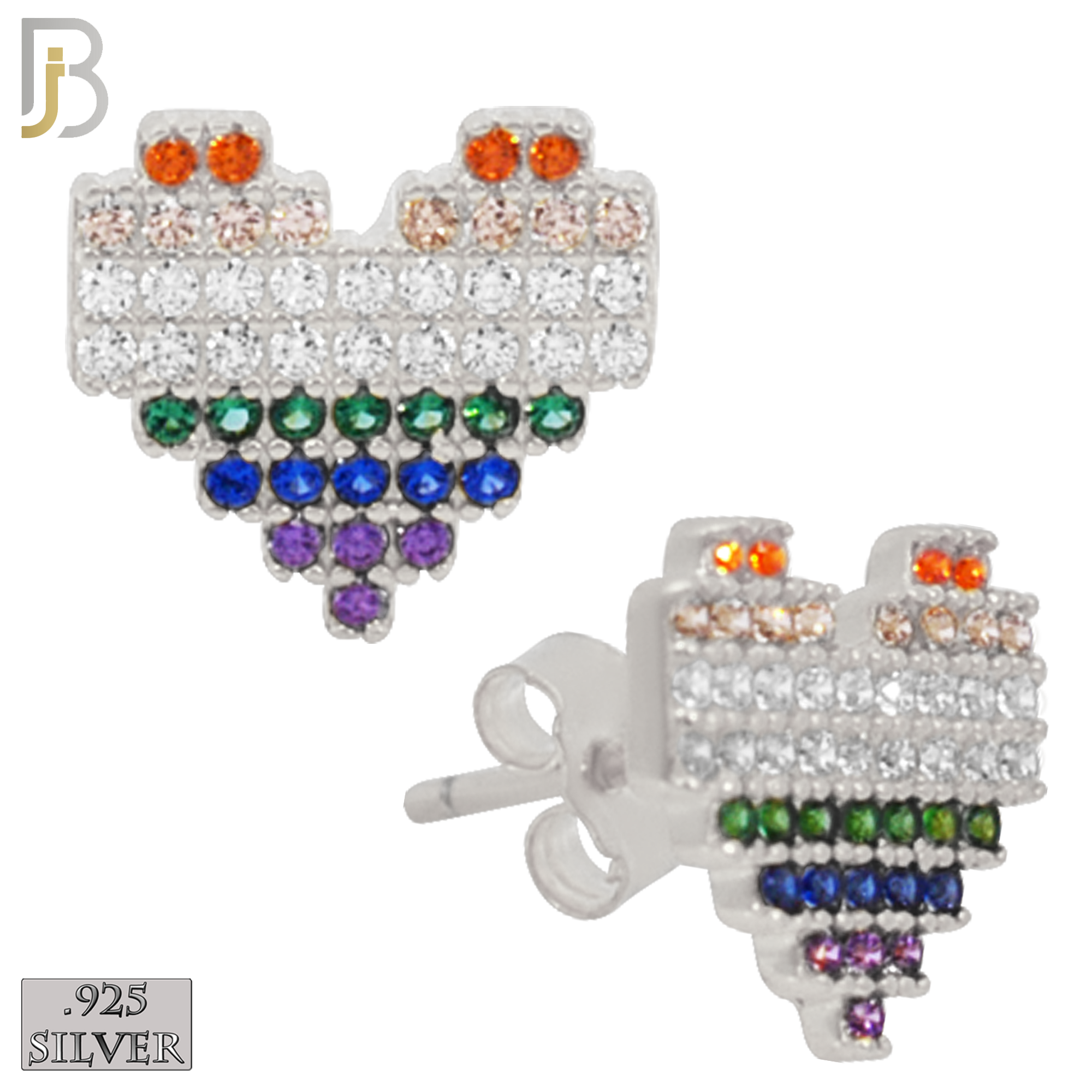 925-ES228S – 925 Sterling Silver Pixelated Heart Design Earring Stud with Multi Colored Zircon image 5