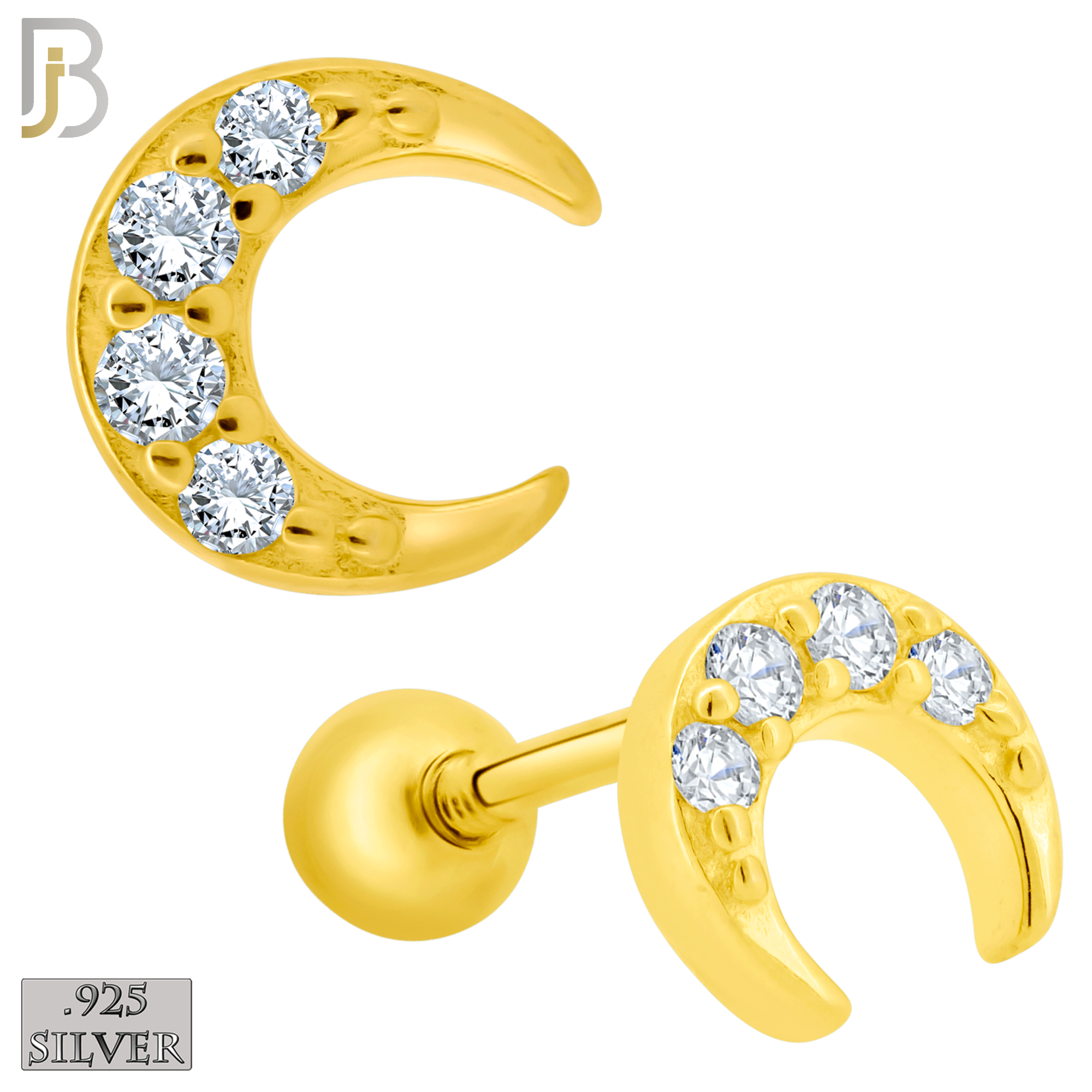 925-ES420 - Screw Ball Back - 925 Sterling Silver 5mm Moon with Multi CZ Stud Earrings image 1