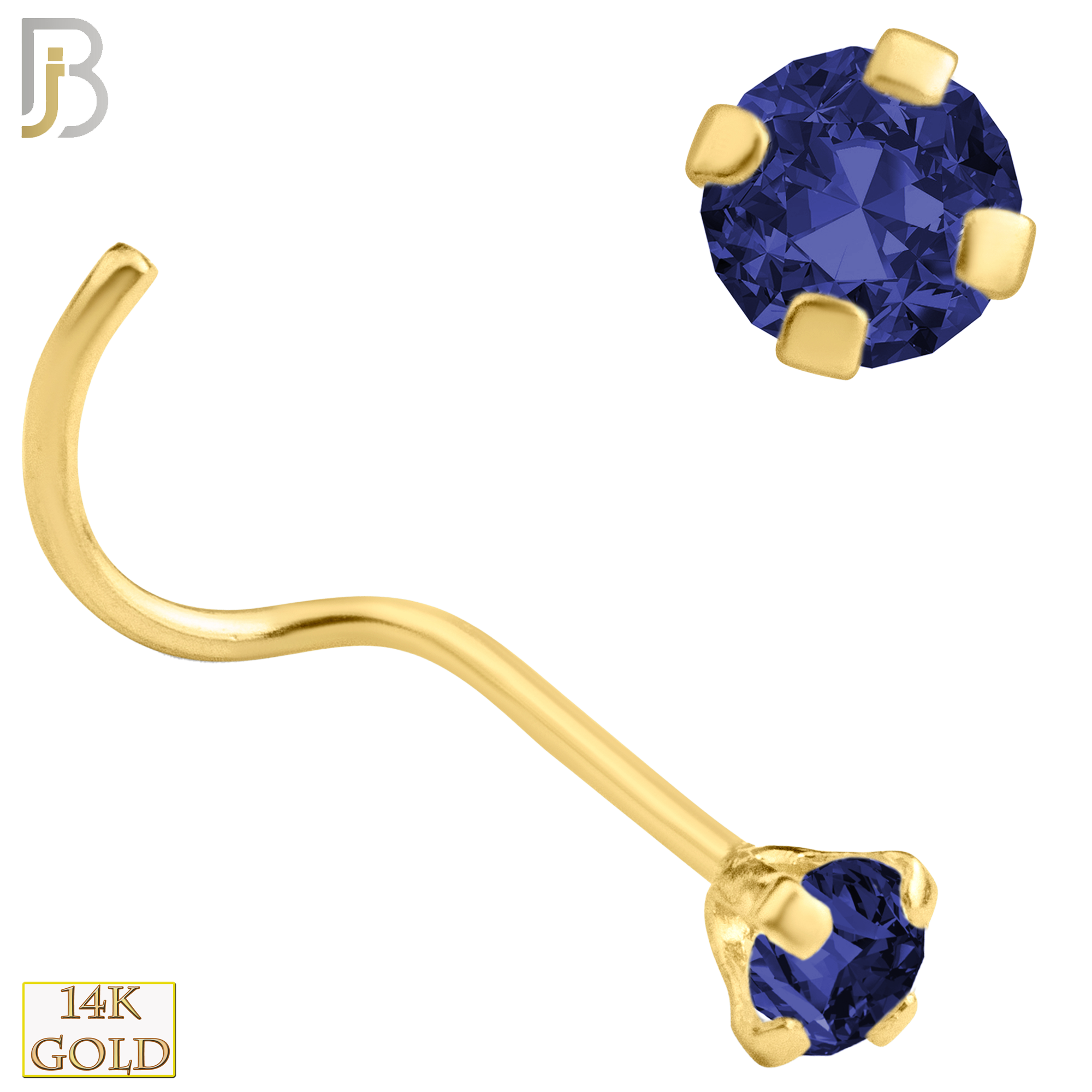 14-NR03CYS - 20g 14k Yellow Gold Nose Screw with Blue Sapphire Colored CZ image 3