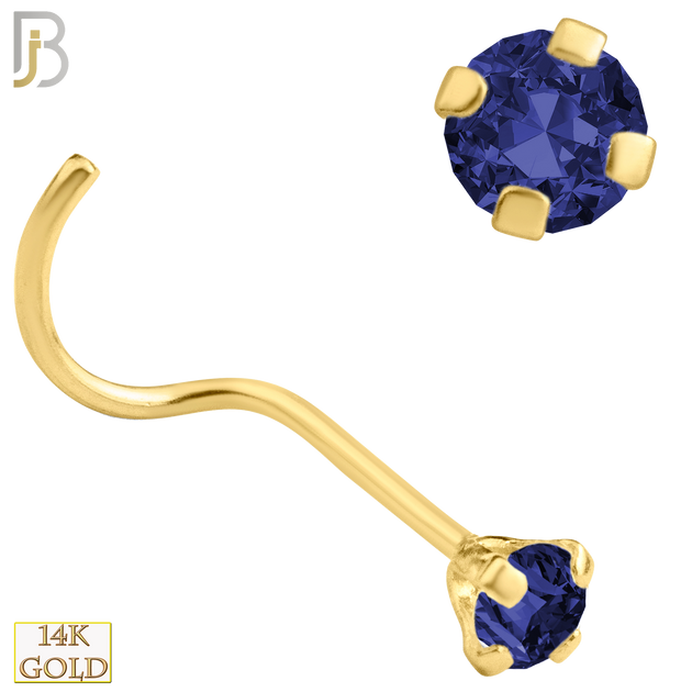 14-NR03CYS - 20g 14k Yellow Gold Nose Screw with Blue Sapphire Colored CZ image 3