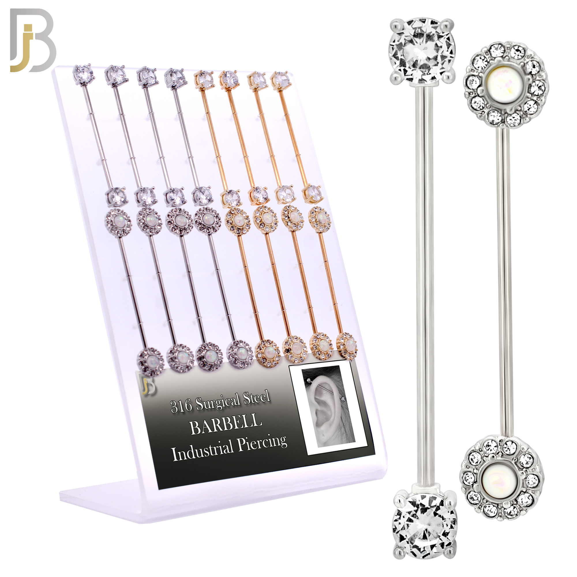 PK-BB09M - 316 Surgical Steel Round CZ / Opalite Design Industrial Barbell image 0