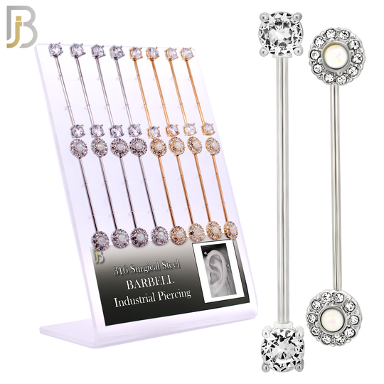 PK-BB09M - 316 Surgical Steel Round CZ / Opalite Design Industrial Barbell image 0