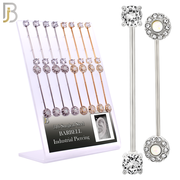 PK-BB09M - 316 Surgical Steel Round CZ / Opalite Design Industrial Barbell image 0