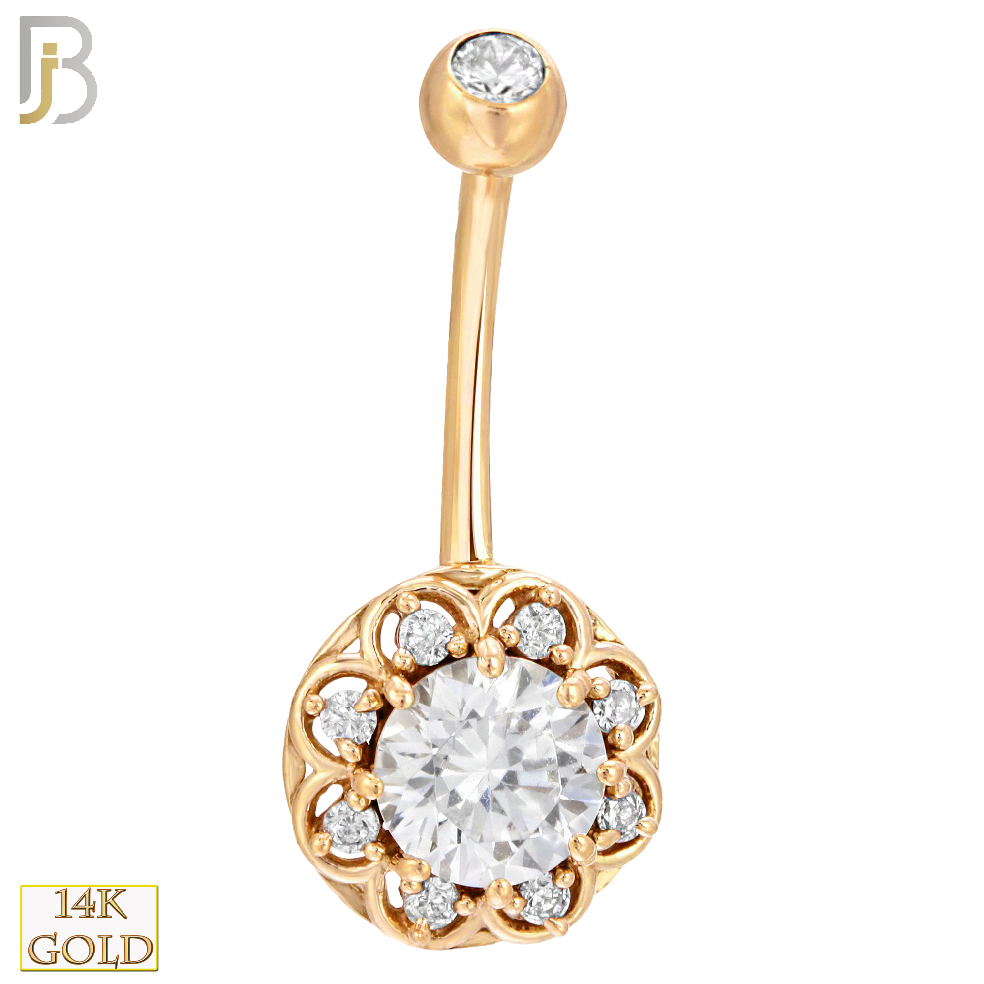 14-NB08 - 14k Solid Gold Banana Belly Ring with 10mm Flower Design image 0