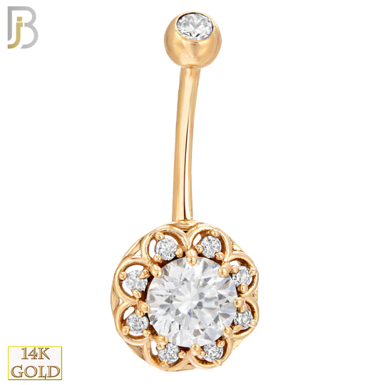 14-NB08 - 14k Solid Gold Banana Belly Ring with 10mm Flower Design image 0