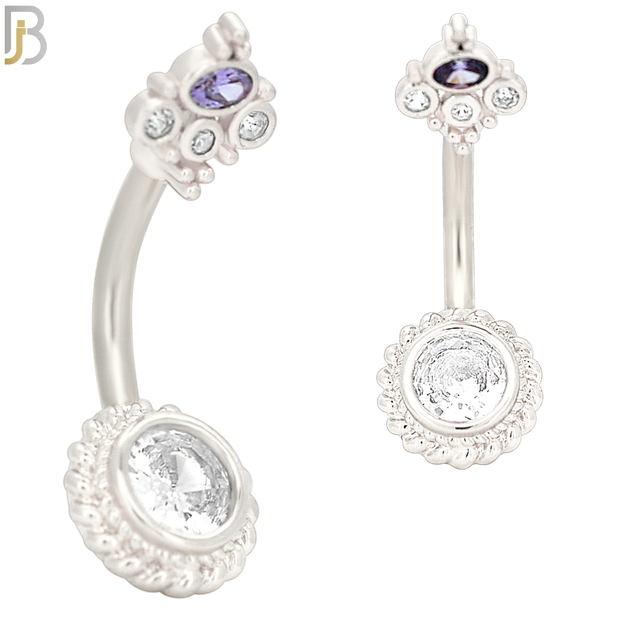NB29 - 316L Stainless Steel Round Flower with CZ and Top Crown Banana Belly Navel Ring image 1