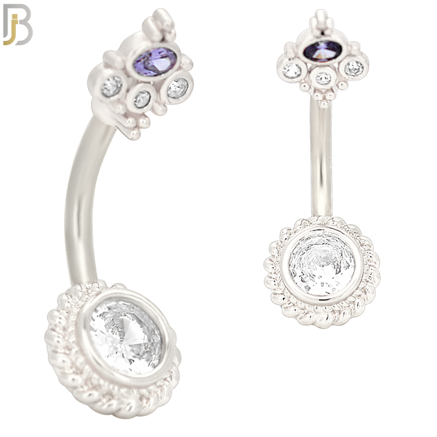 NB29 - 316L Stainless Steel Round Flower with CZ and Top Crown Banana Belly Navel Ring image 1