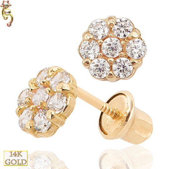 14k Solid Gold Screw Back Earring Flower Design CZ image 0