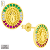 925-ES268 - .925 Sterling Silver Oval Shape Virgin Mary with Mexican Color Flag Zircon Design Earrings Stud image 2