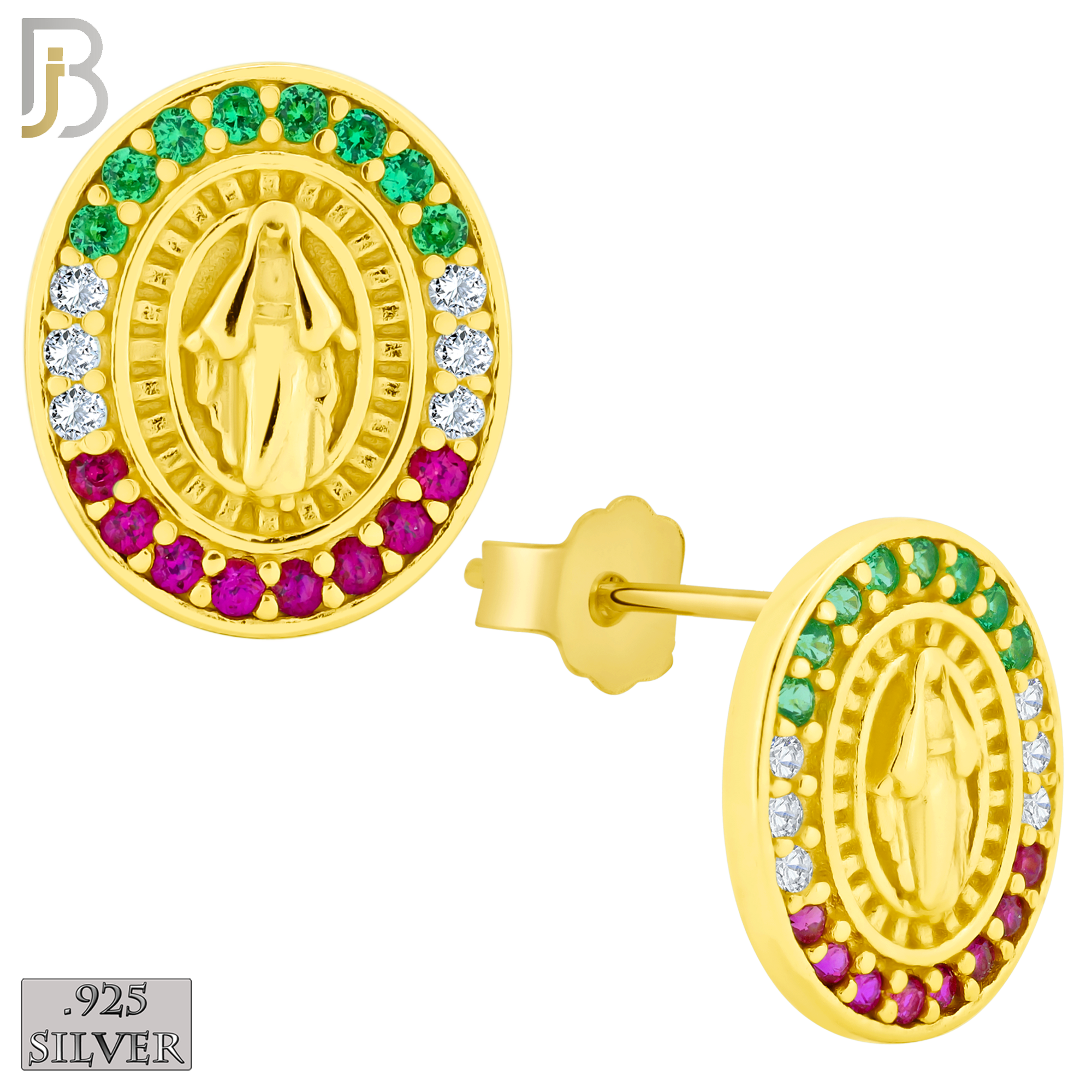 925-ES268 - .925 Sterling Silver Oval Shape Virgin Mary with Mexican Color Flag Zircon Design Earrings Stud image 2