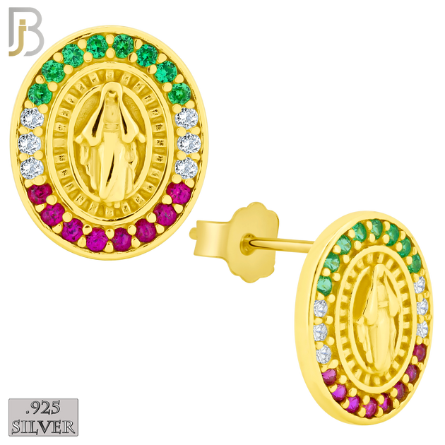 925-ES268 - .925 Sterling Silver Oval Shape Virgin Mary with Mexican Color Flag Zircon Design Earrings Stud image 2