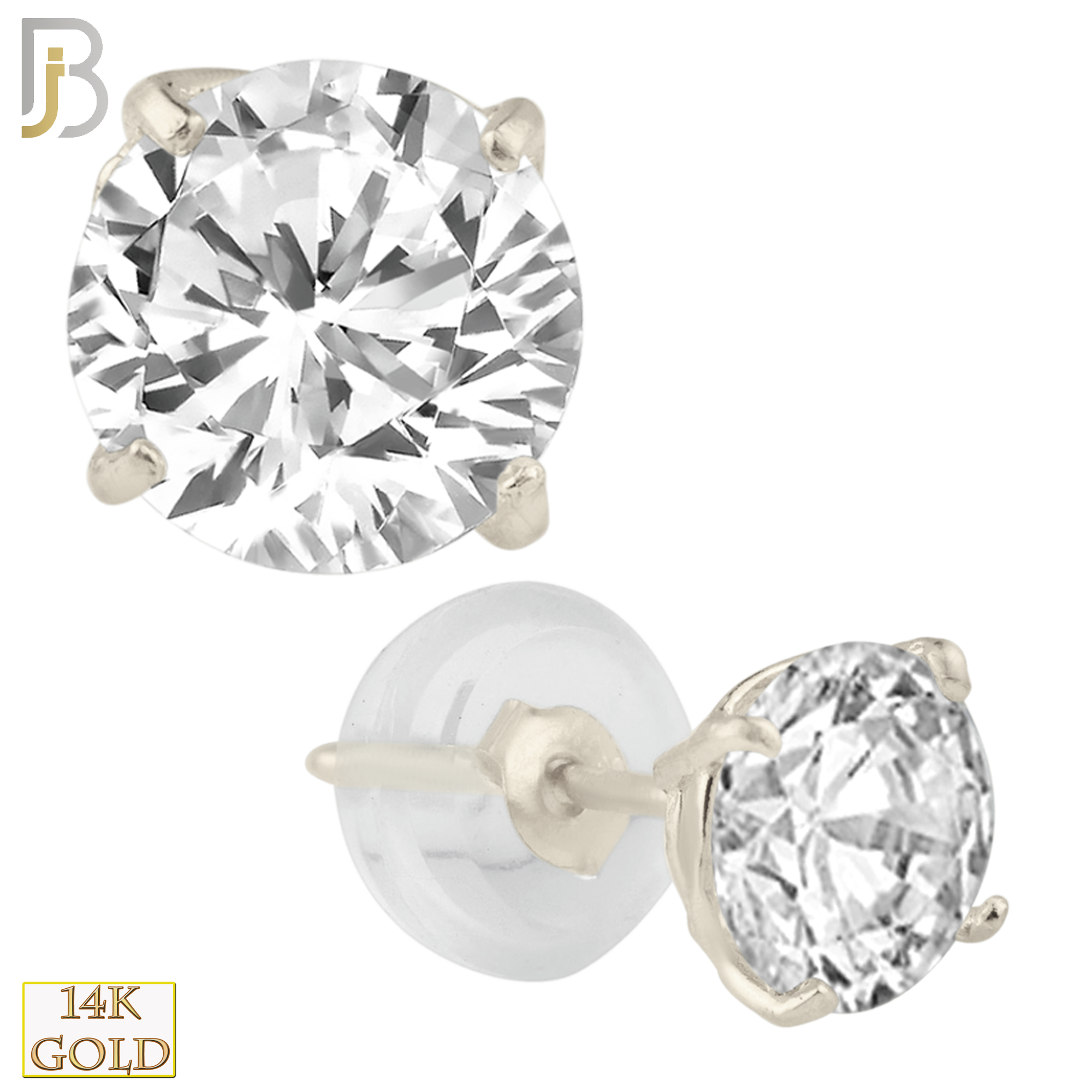 14-ES06WC - 14K White Gold Silicone Back Stud Earrings Casting Prong Setting with Round Clear Zircon image 1