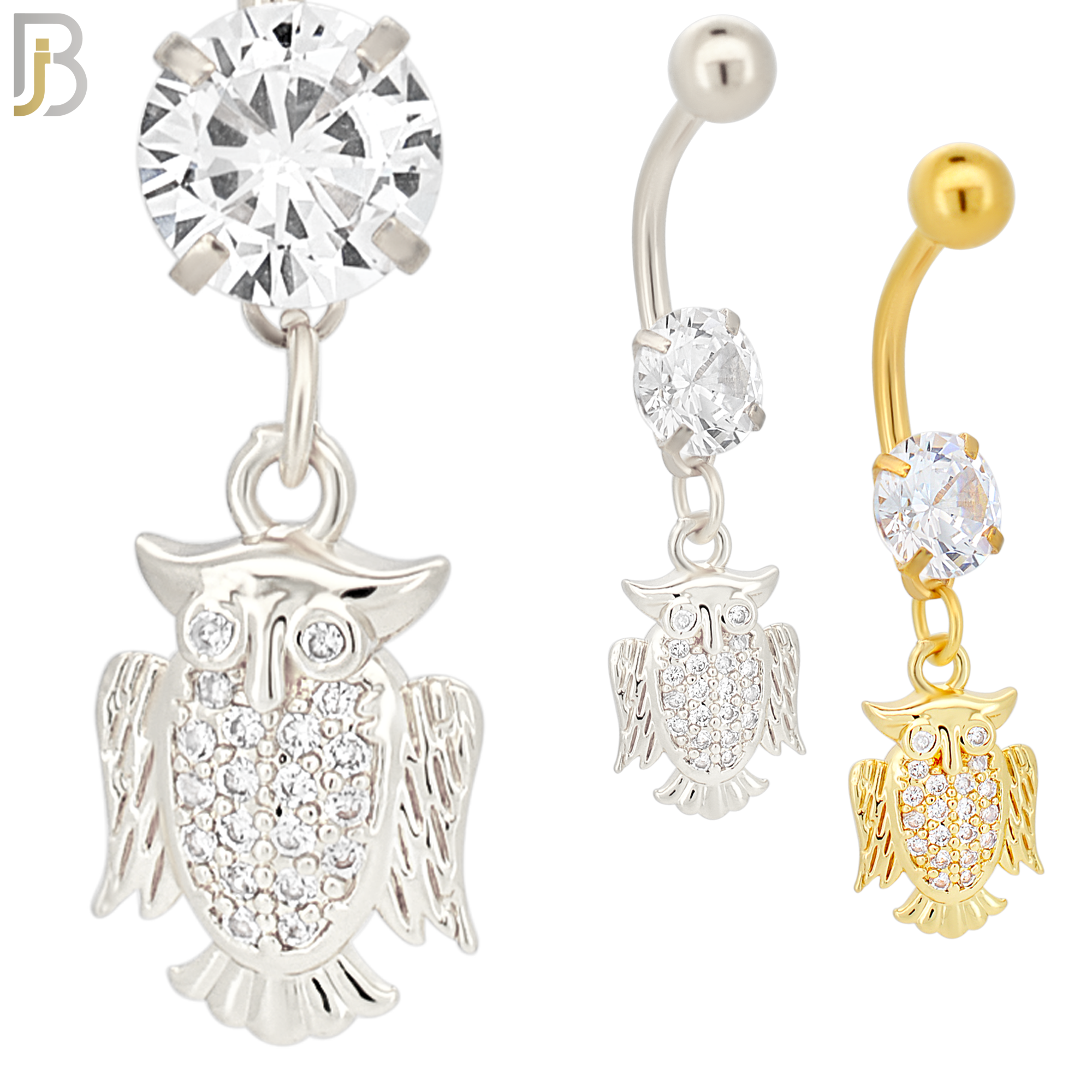 N089  - 316L Stainless Steel Dangling Owl with CZ Belly Ring image 0