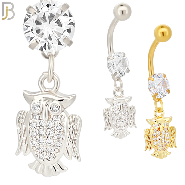 N089  - 316L Stainless Steel Dangling Owl with CZ Belly Ring image 0