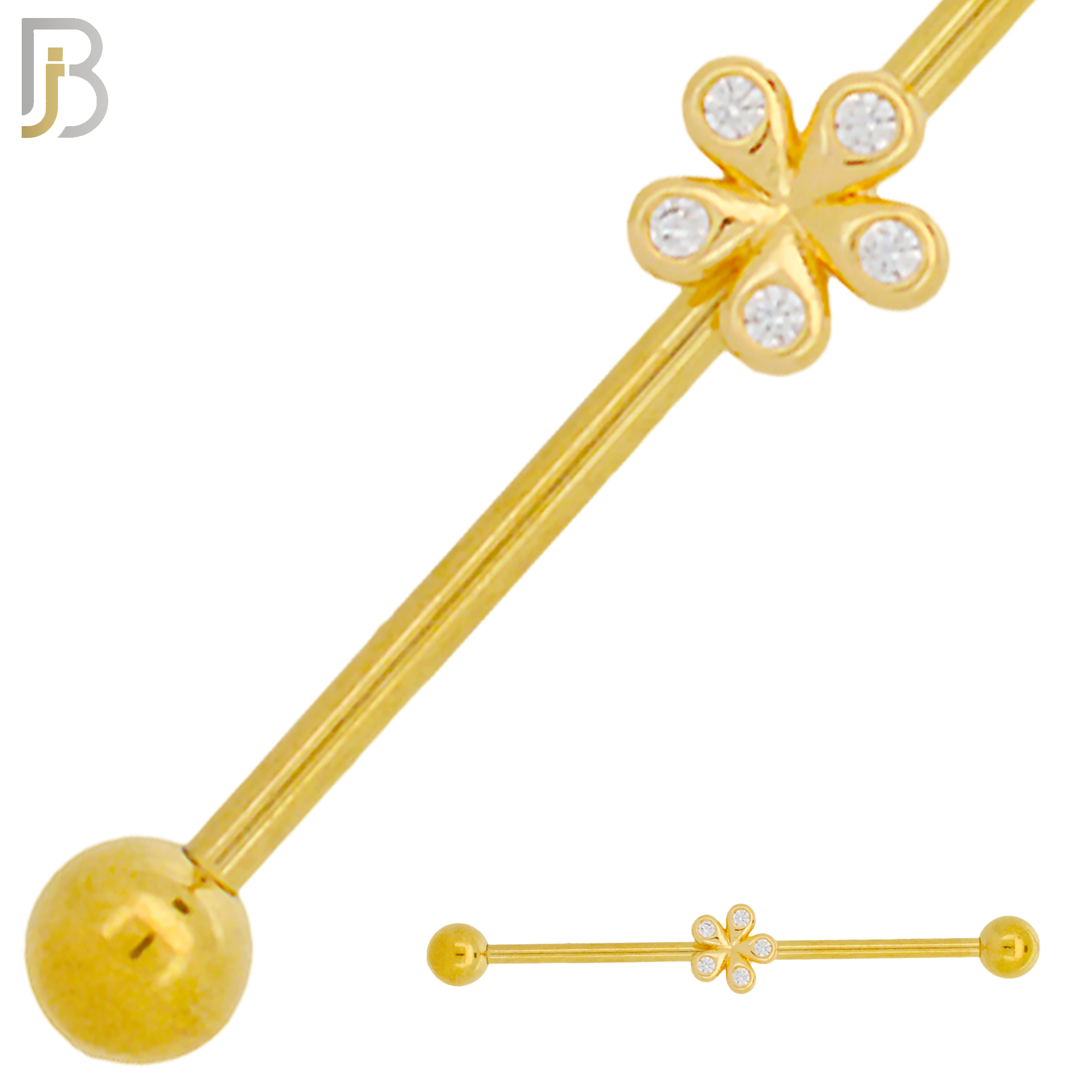 BB27 - 316L Surgical Steel Screw Bar with Brass Flower Design Barbell Industrial (PACK OF 6) image 1