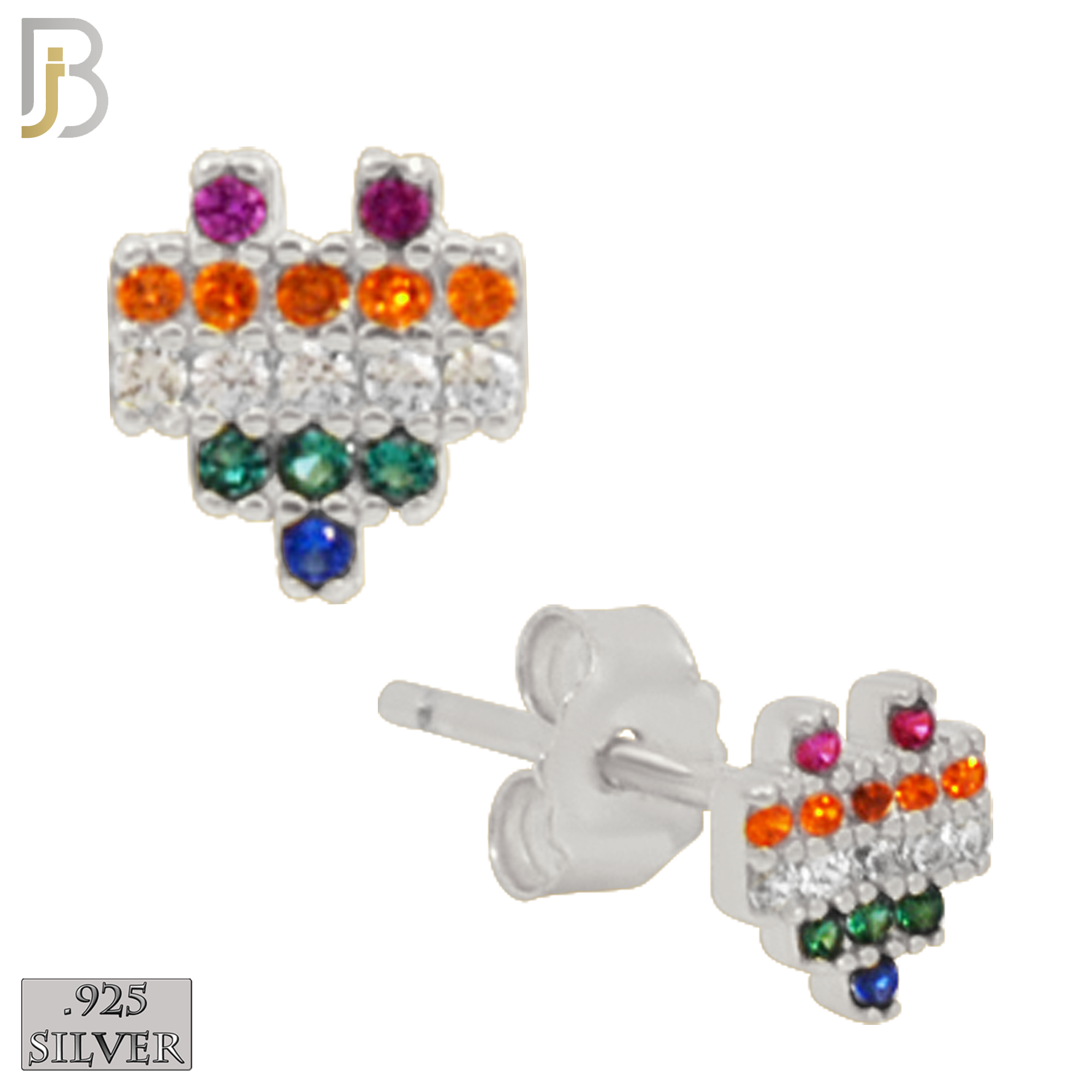 925-ES228S – 925 Sterling Silver Pixelated Heart Design Earring Stud with Multi Colored Zircon image 1