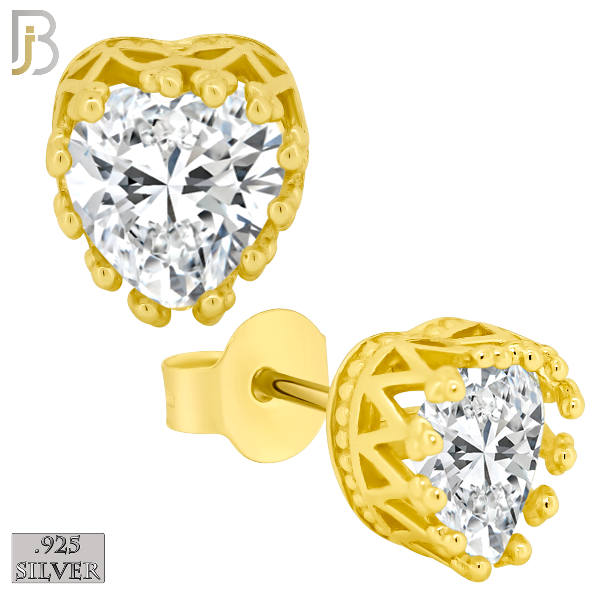 925-ES64 - .925 Sterling Silver Heart Crown Design  Prong Zircon Earring Stud image 2