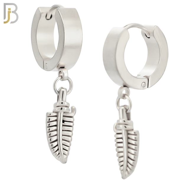 ES89 - 316L Stainless Steel Dangling 14.5mm Feather Long Design Huggies Clip On - Steel image