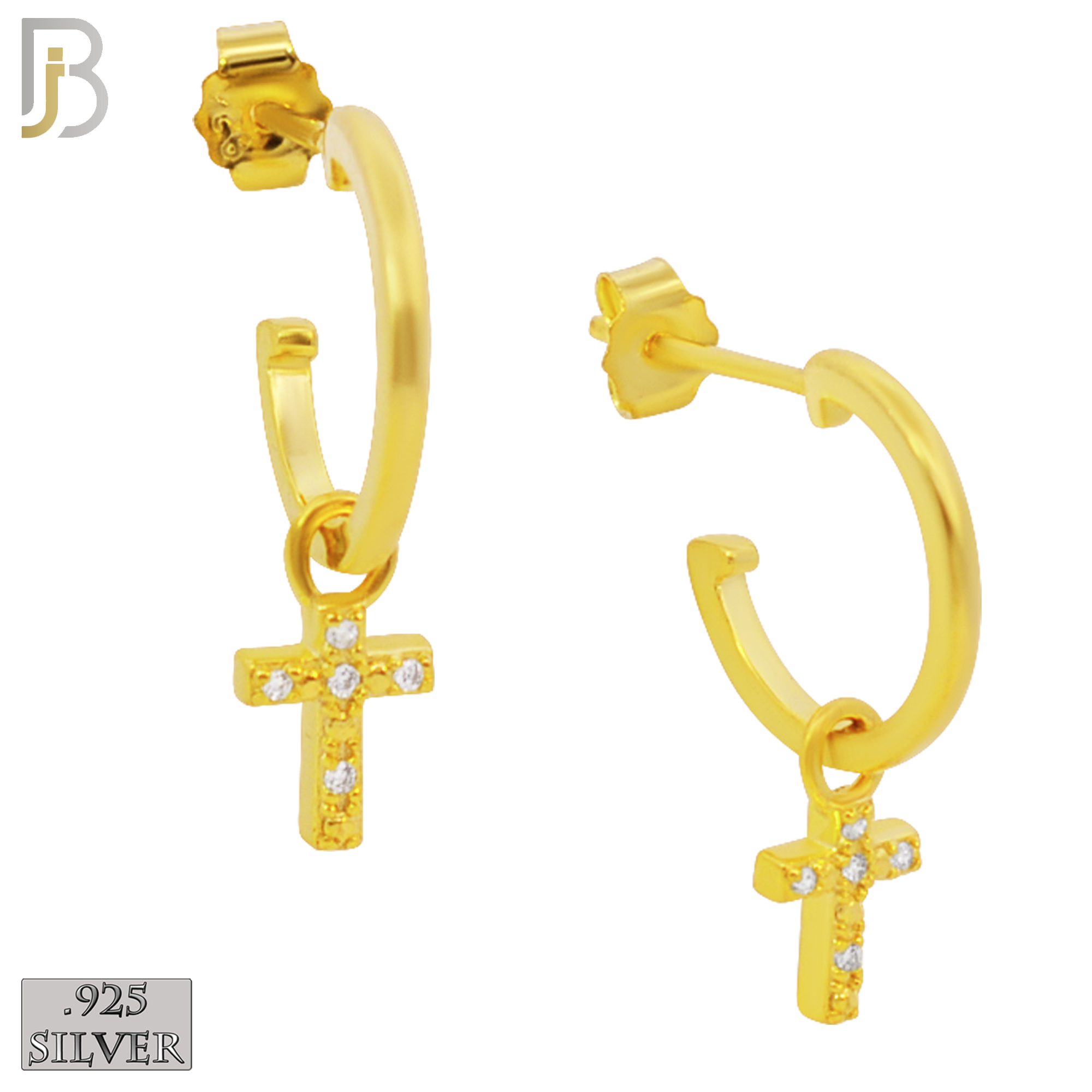 925-ES265 - .925 Sterling Silver Half Hoops with Dangling Cross with Zircon Design Earrings Stud image 2