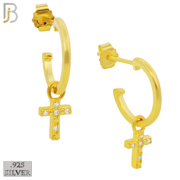 925-ES265 - .925 Sterling Silver Half Hoops with Dangling Cross with Zircon Design Earrings Stud image 2