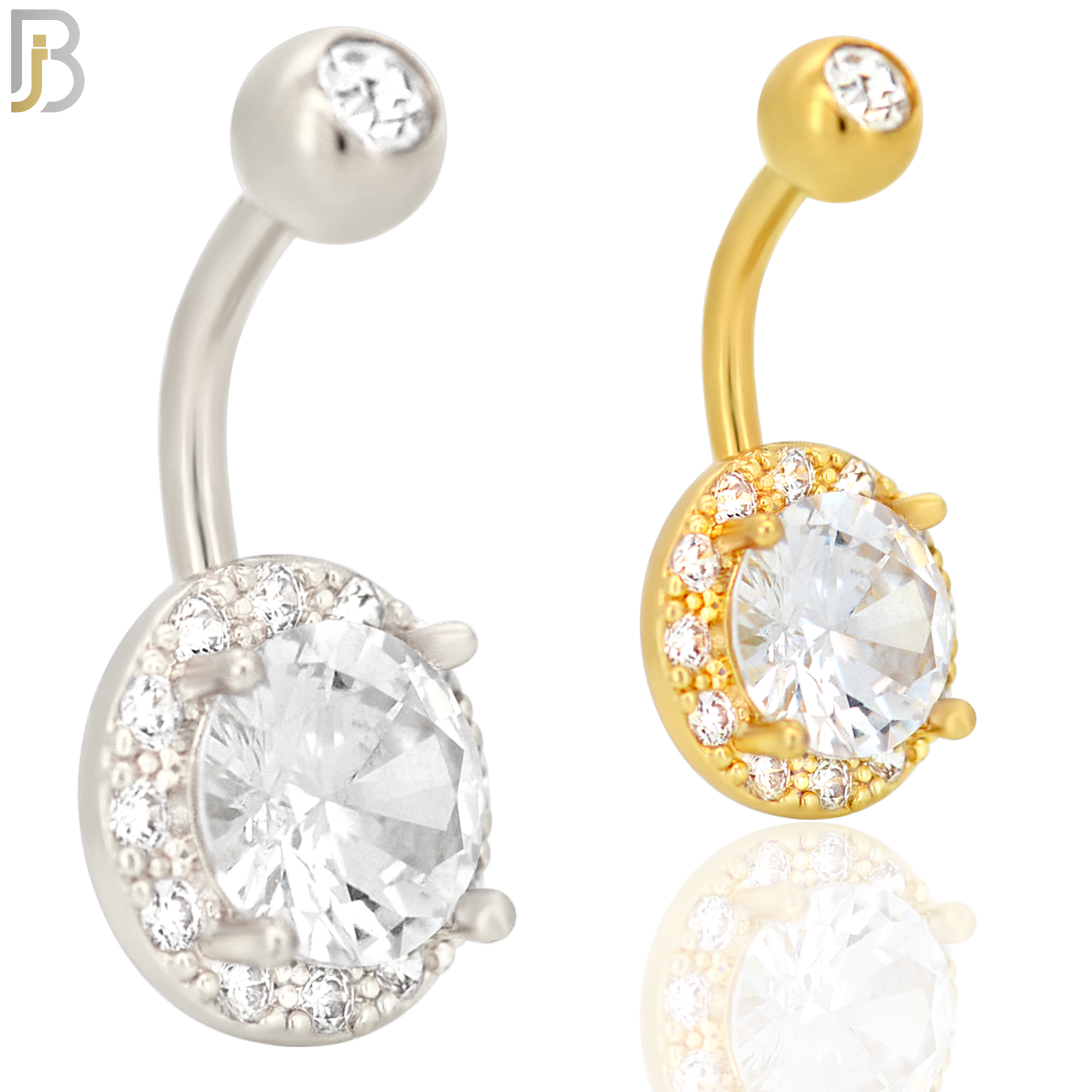 NB21 - 316L Stainless Steel Round Prong with  Zircon Around  Banana Belly Navel Ring image 0