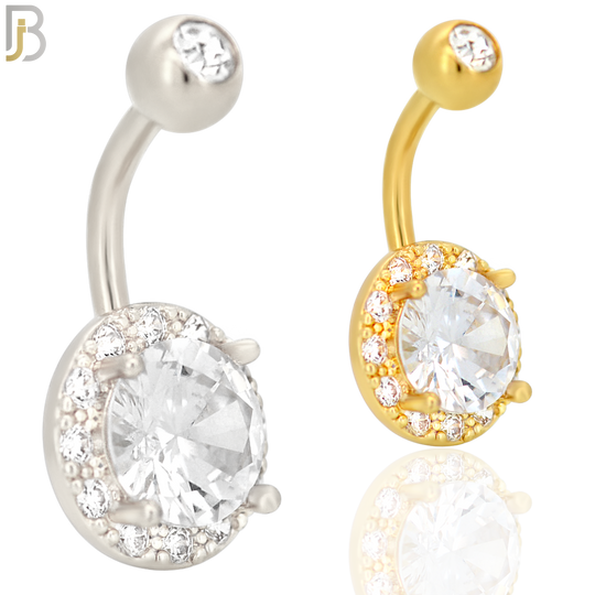 NB21 - 316L Stainless Steel Round Prong with  Zircon Around  Banana Belly Navel Ring image 0