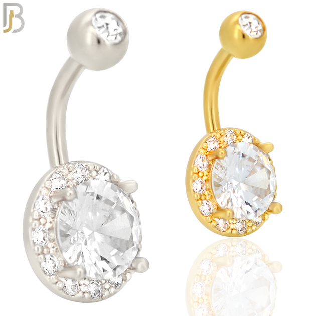 NB21 - 316L Stainless Steel Round Prong with  Zircon Around  Banana Belly Navel Ring image 0