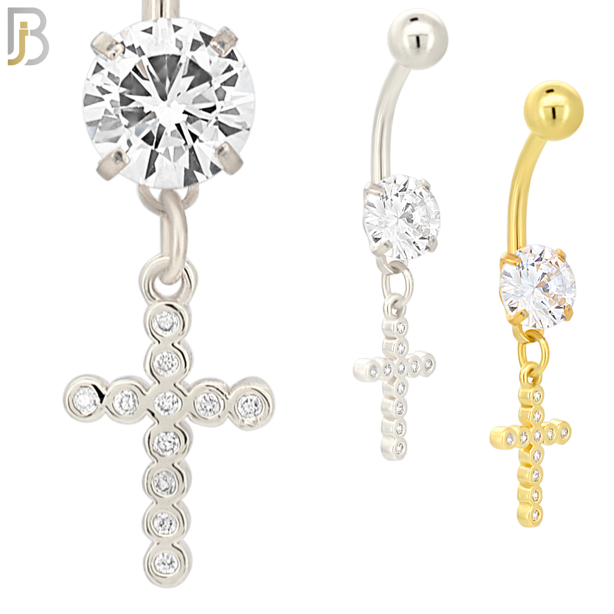 N039 - 316L Stainless Steel Dangling Bezel Cross with Zircon Design Belly Ring with 5mm Screw Ball image 0