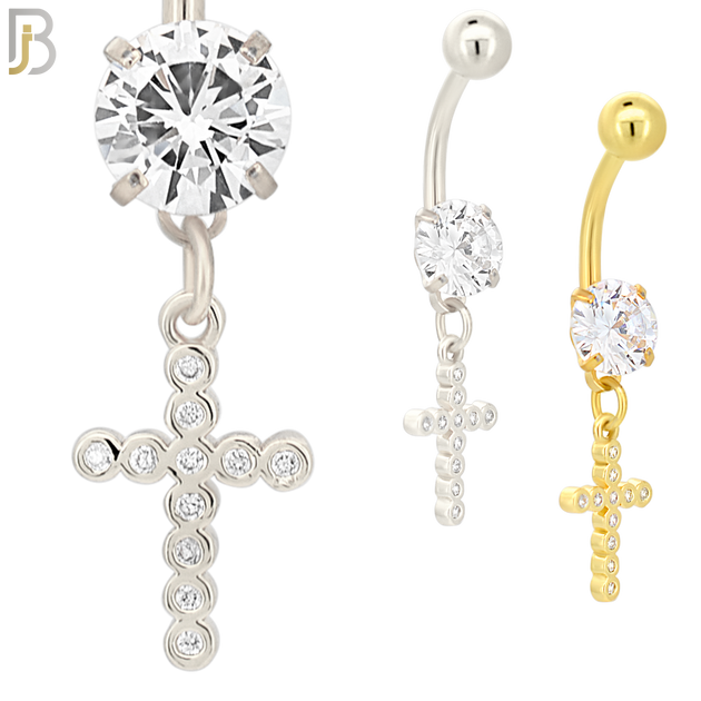 N039 - 316L Stainless Steel Dangling Bezel Cross with Zircon Design Belly Ring with 5mm Screw Ball image 0