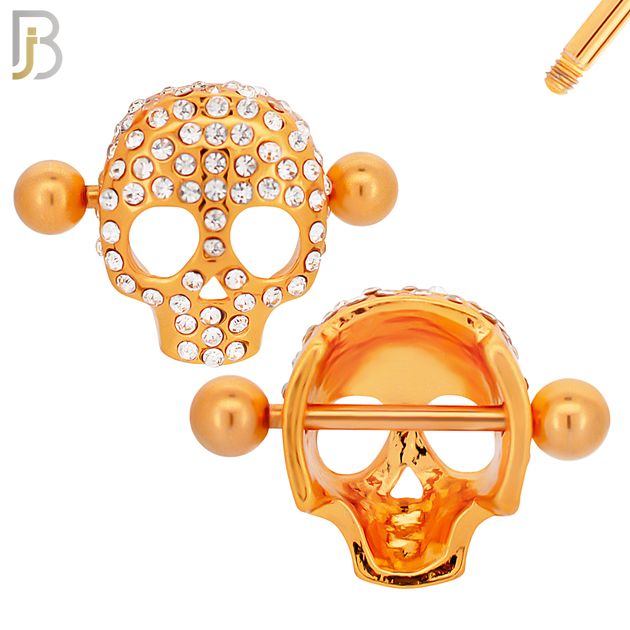 NP35 - 316L Surgical Steel Screw Shield Barbell with Alloy Skull Design Zircon Pair image 2