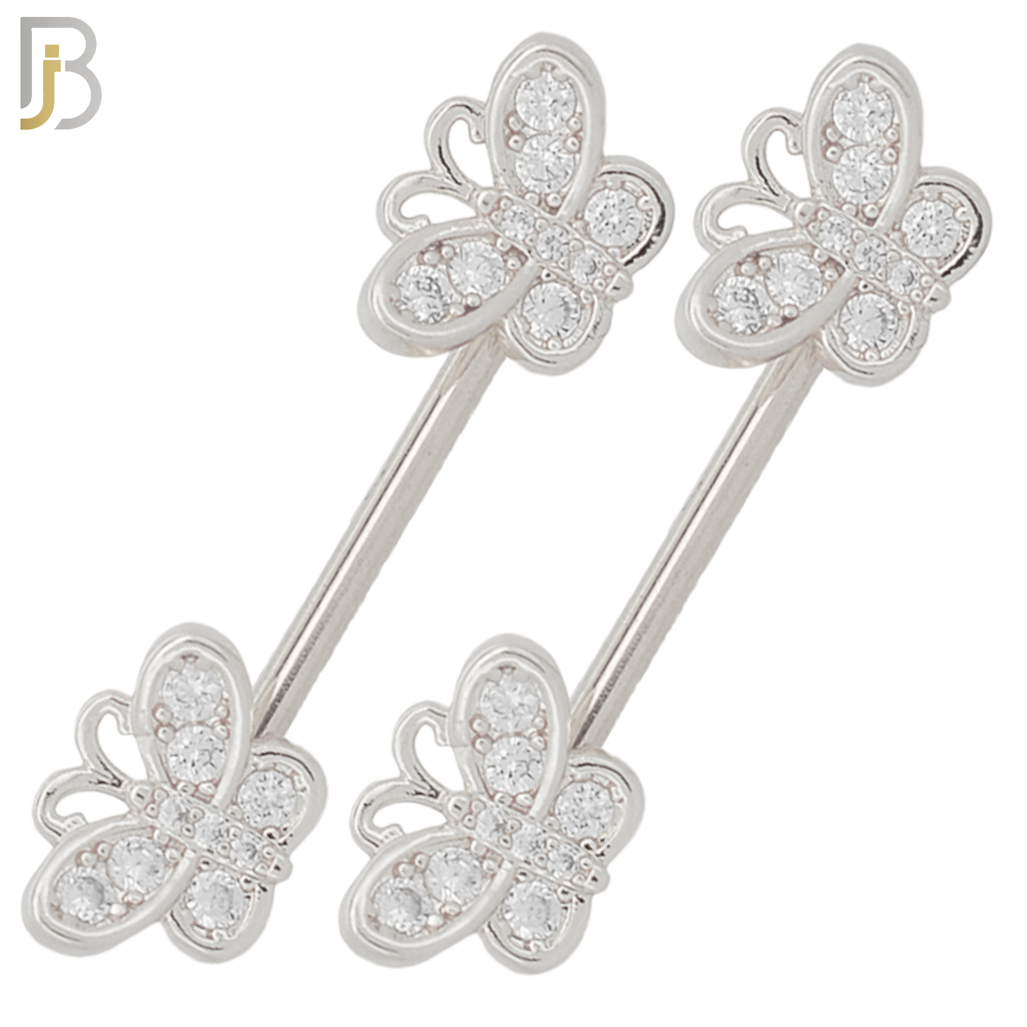 NP62- 316L Surgical Steel Butterfly with Clear CZ Design Externally Threaded Nipple Rings (Sold as Pair) image 0