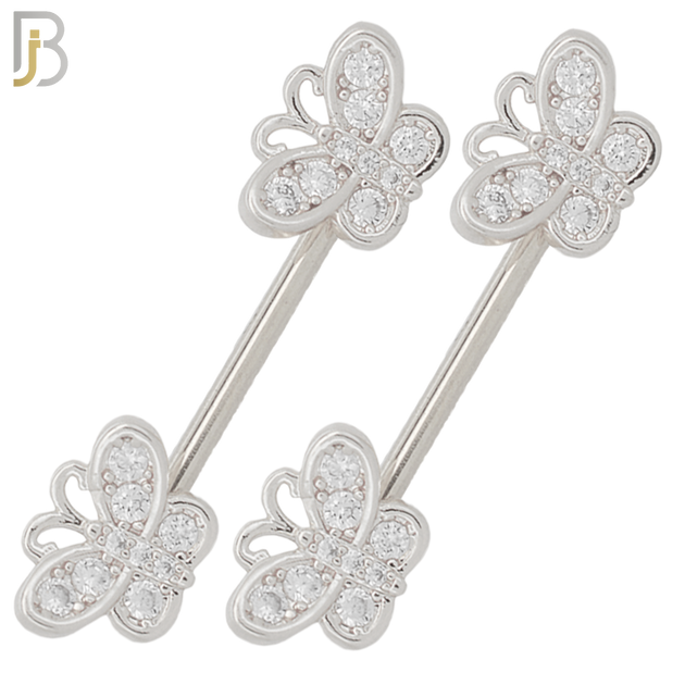 NP62- 316L Surgical Steel Butterfly with Clear CZ Design Externally Threaded Nipple Rings (Sold as Pair) image 0