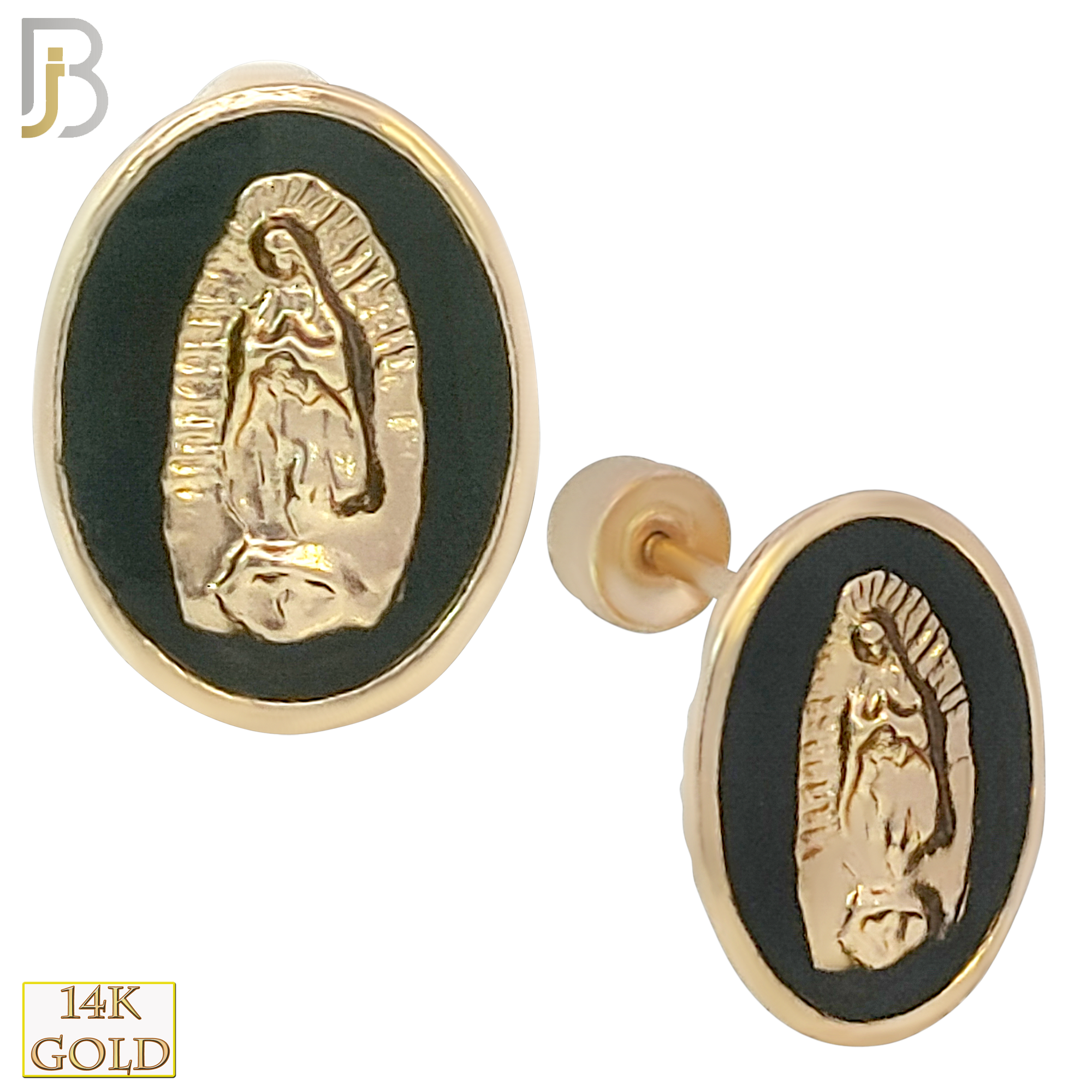 14k Solid Gold Onyx Virgin Mary Stud Earrings - Screw Back image 0